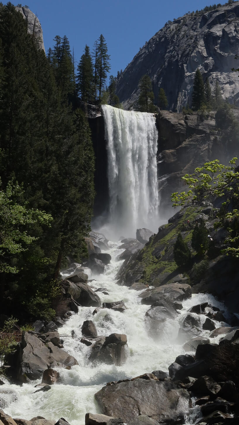 Waterfall and whitewater river cascading over large boulders framed by trees.